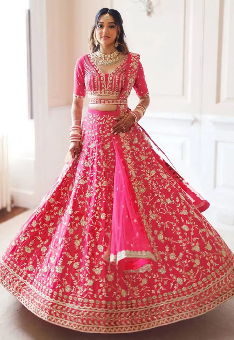 Embroidered Art Silk Lehenga in Fuchsia