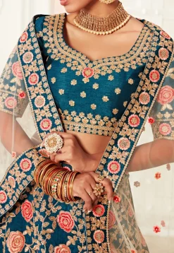 Embroidered Art Silk Lehenga in Teal Blue