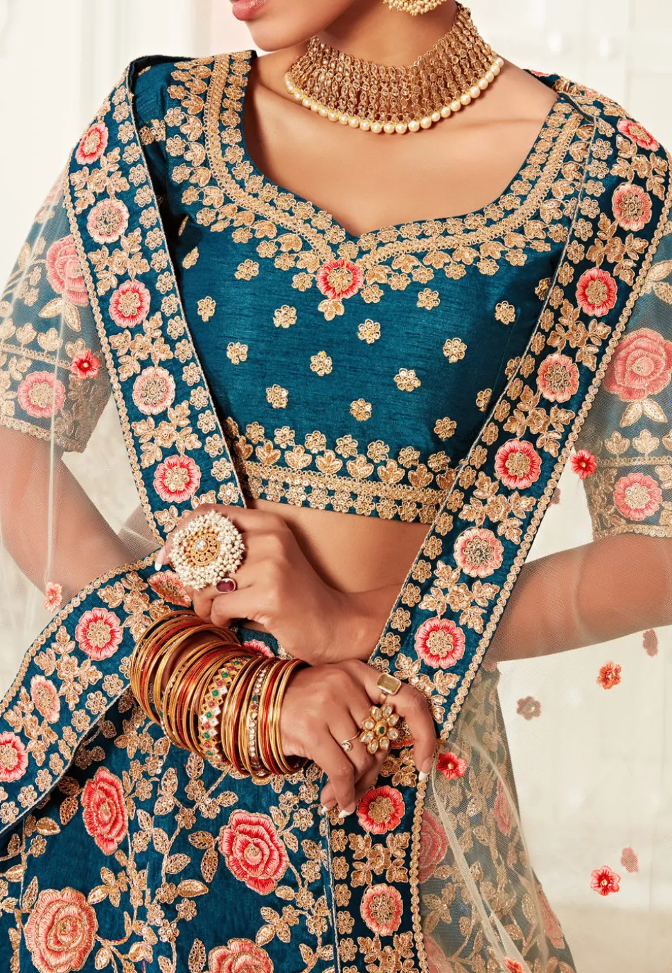 Embroidered Art Silk Lehenga in Teal Blue