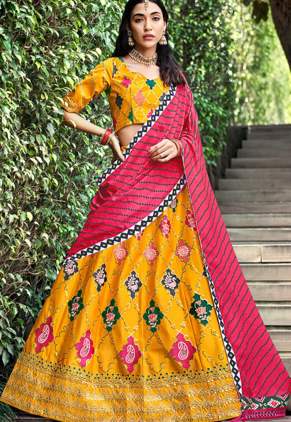 Embroidered Art Silk Lehenga in Mustard