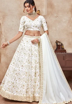 Embroidered Art Silk Lehenga in Off White