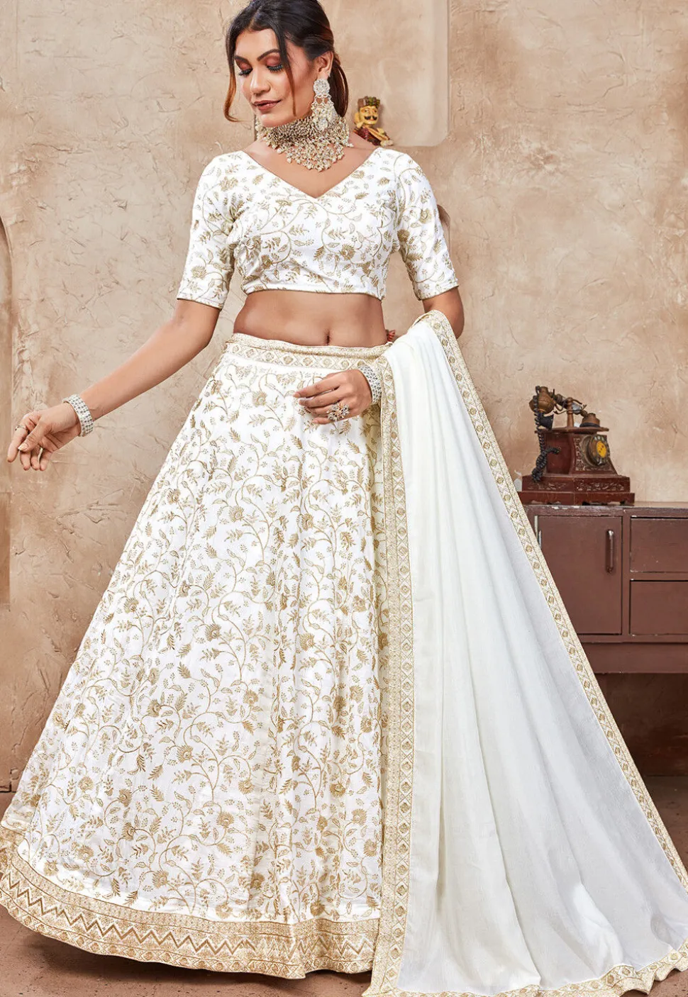 Embroidered Art Silk Lehenga in Off White