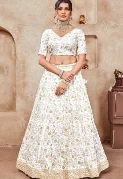 Embroidered Art Silk Lehenga in Off White