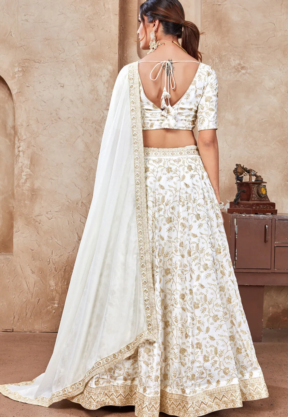 Embroidered Art Silk Lehenga in Off White