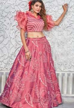 Embroidered Art Silk Lehenga in Peach