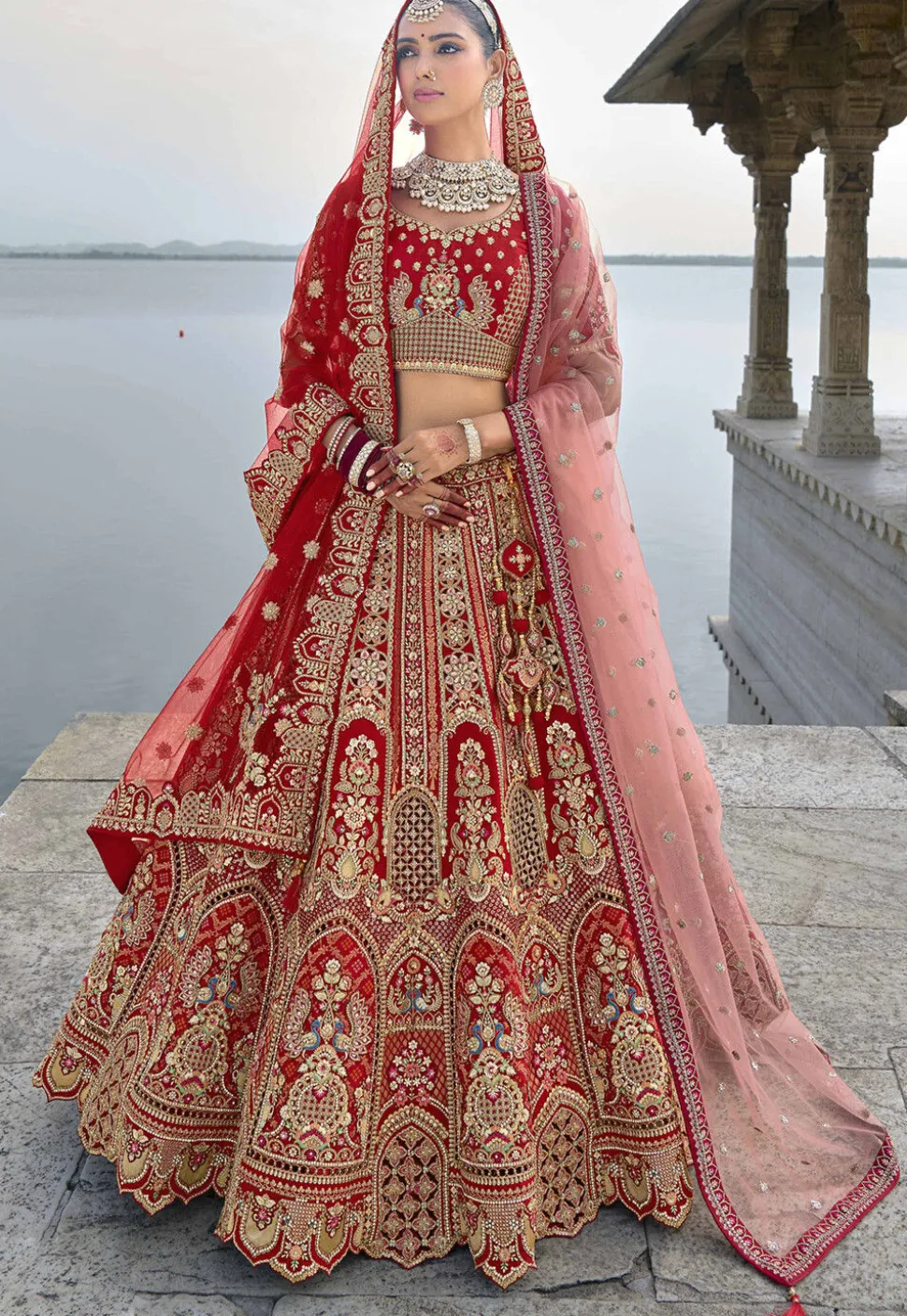 Embroidered Art Silk Lehenga in Red