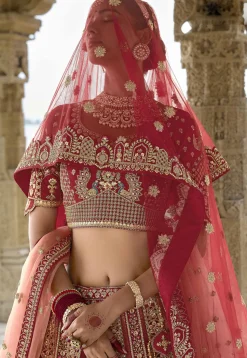 Embroidered Art Silk Lehenga in Red