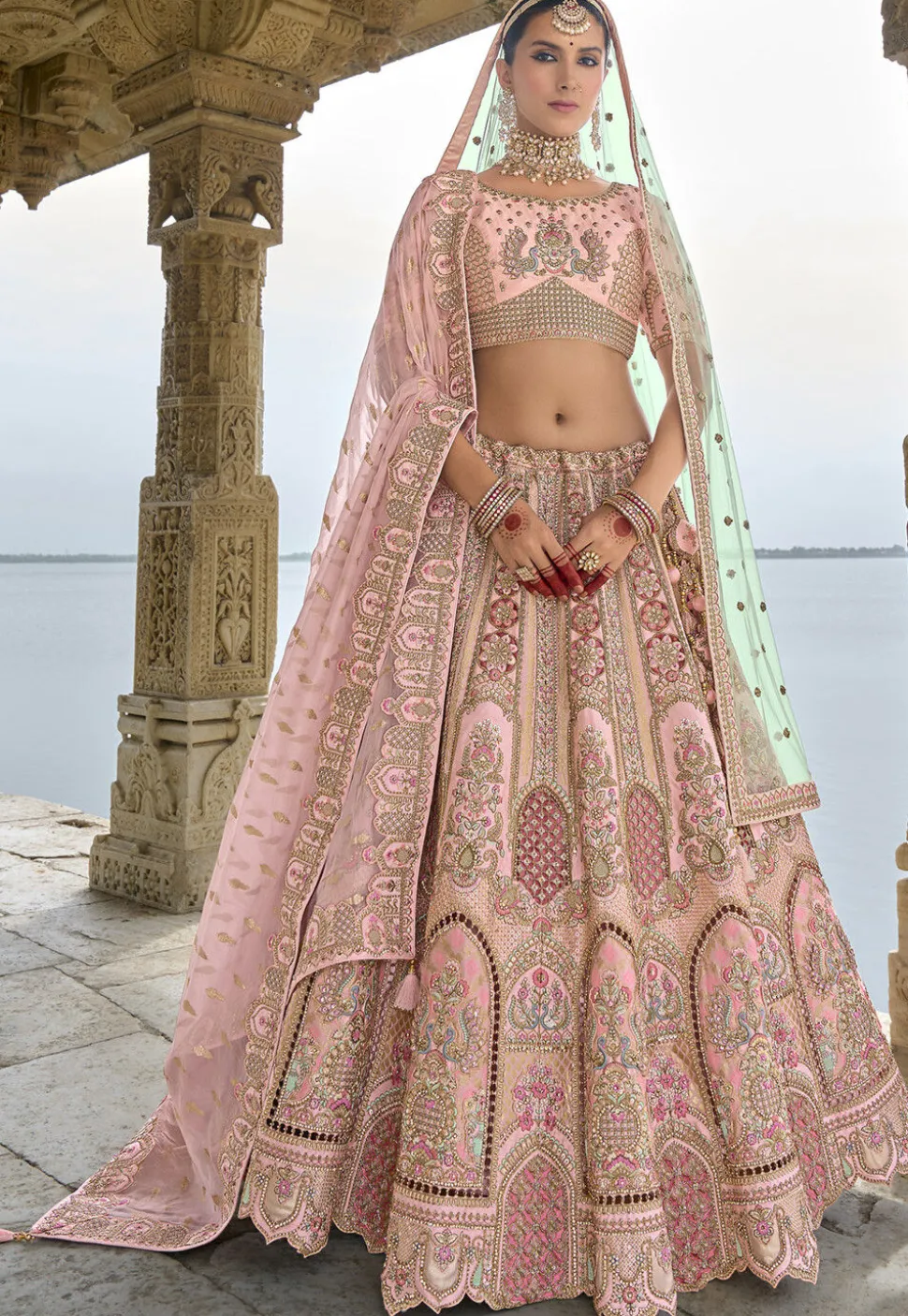 Embroidered Art Silk Lehenga in Pink