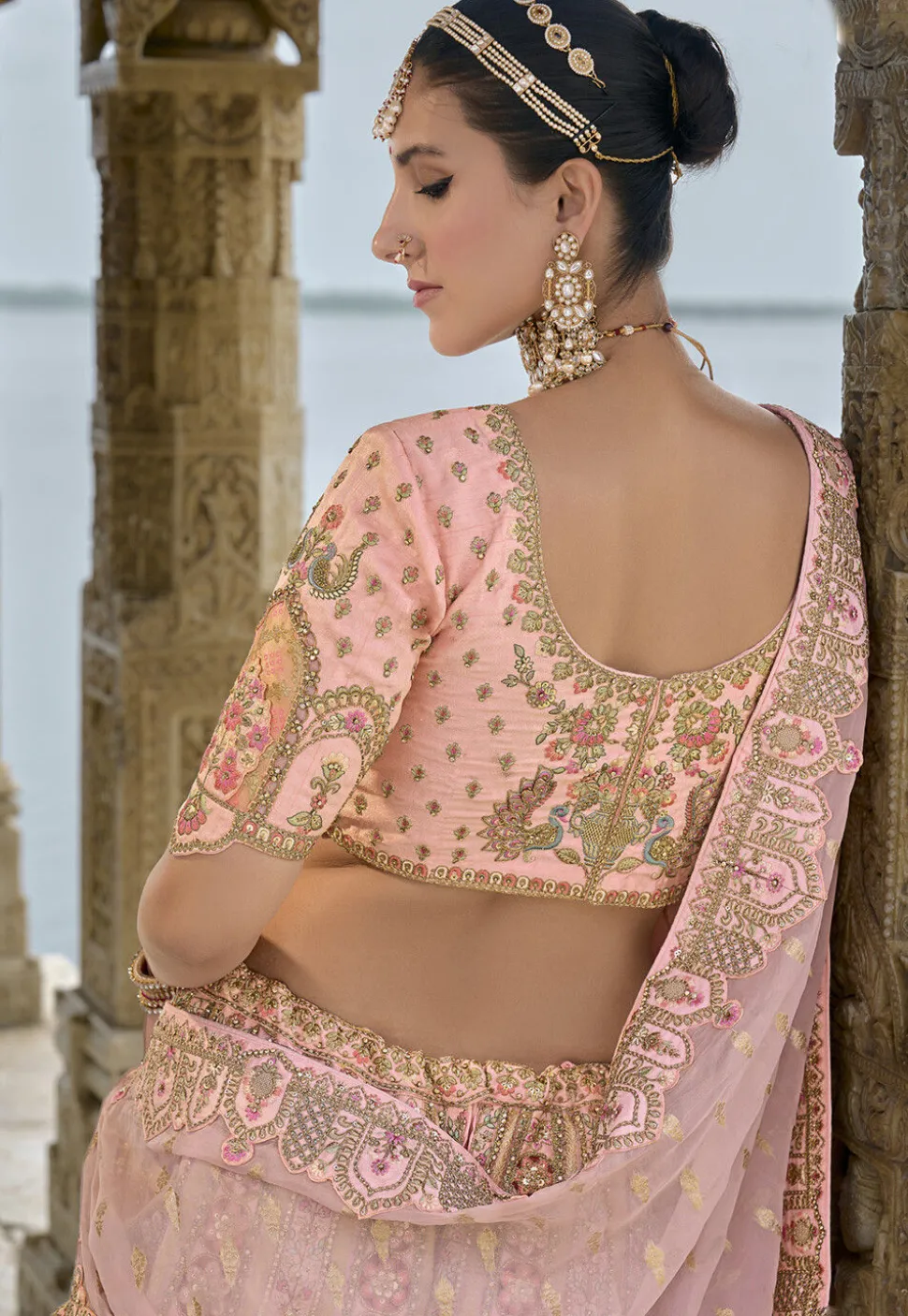 Embroidered Art Silk Lehenga in Pink