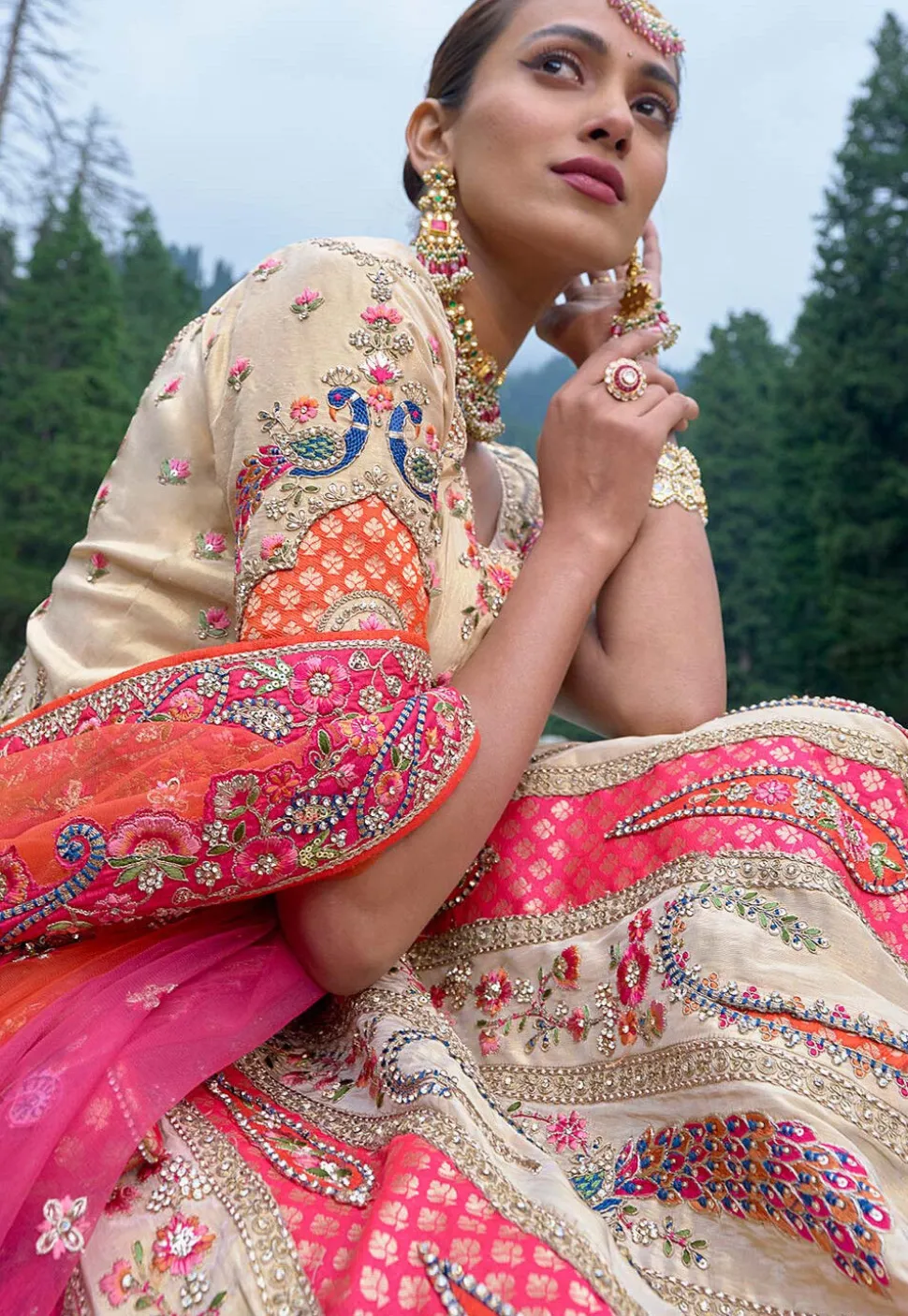 Embroidered Art Silk Lehenga in Biege