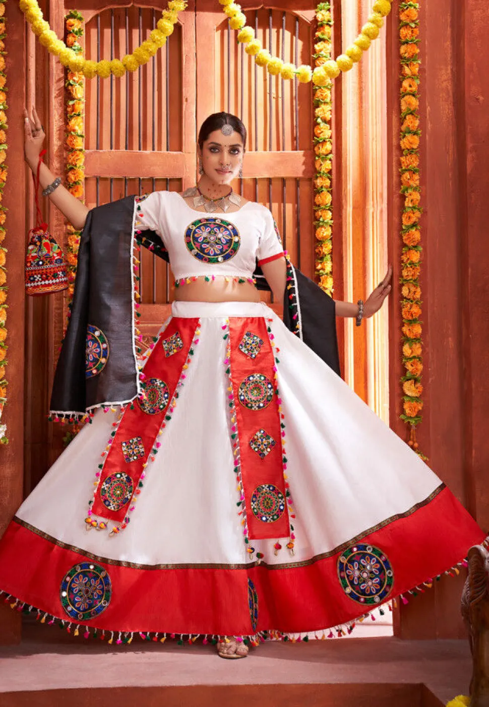 Embroidered Art Silk Lehenga in Off White