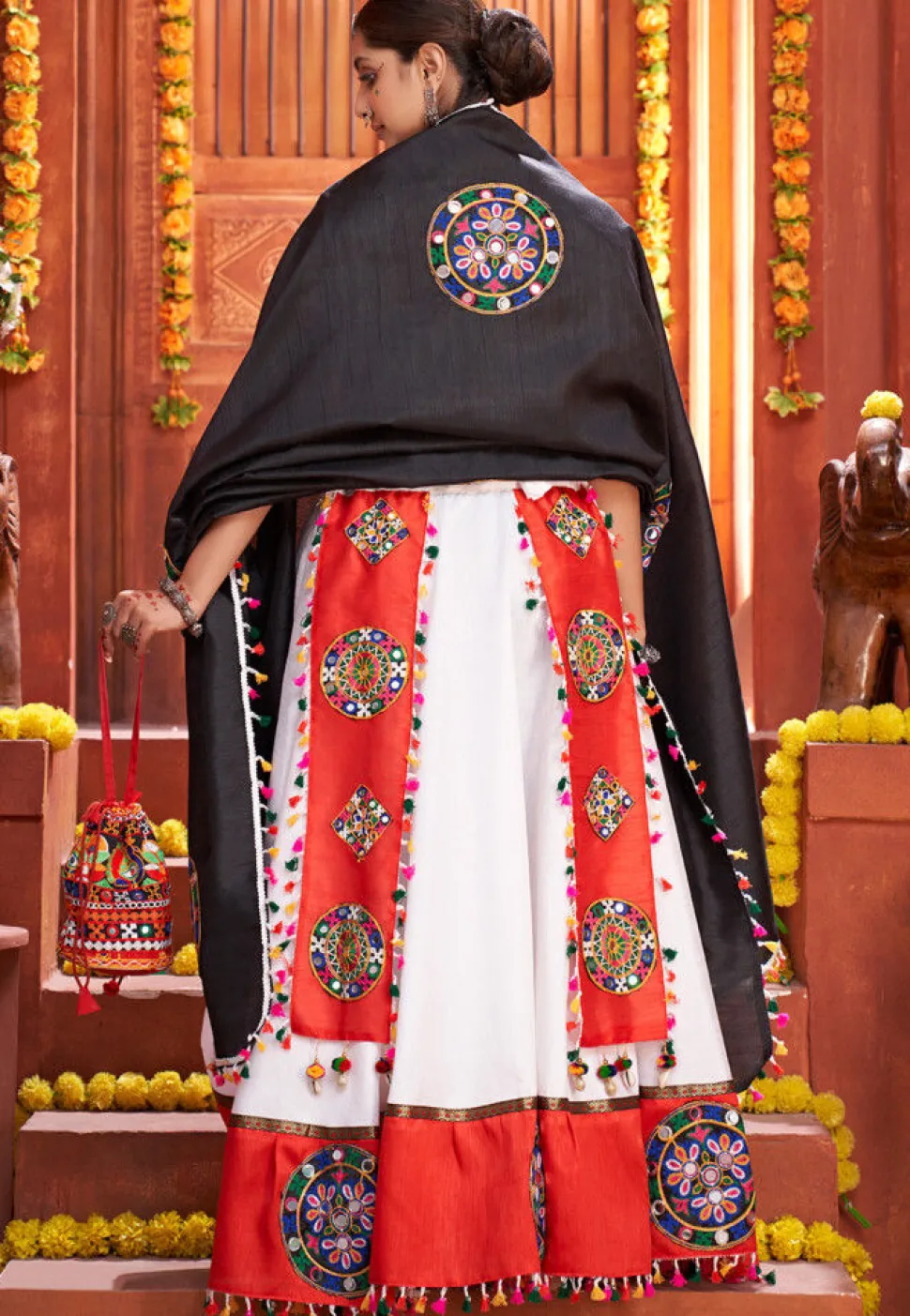 Embroidered Art Silk Lehenga in Off White