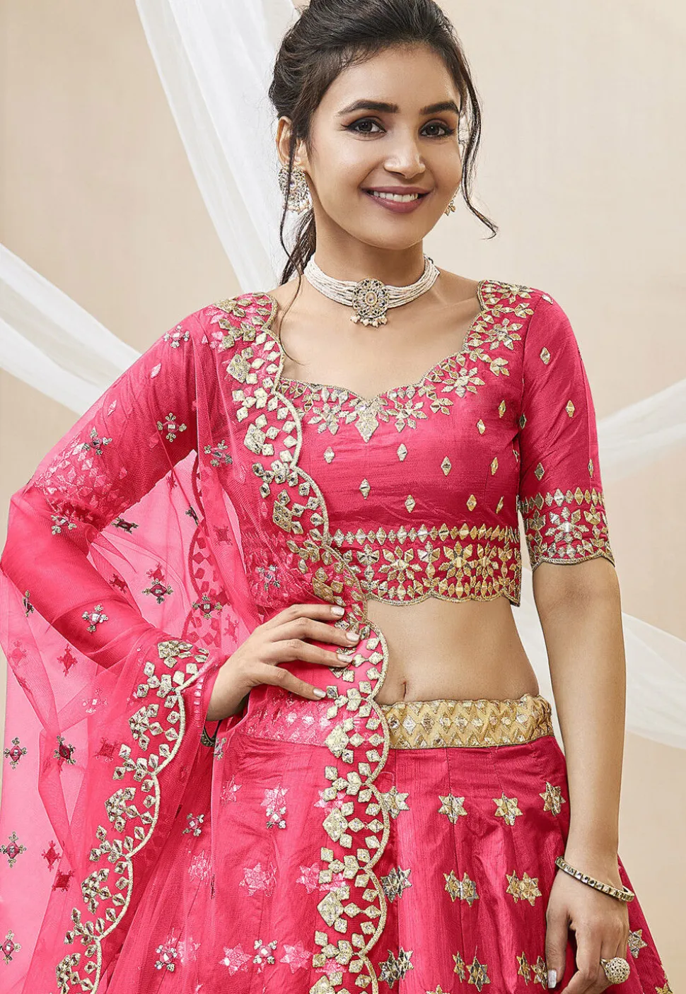 Embroidered Art Silk Lehenga in Pink