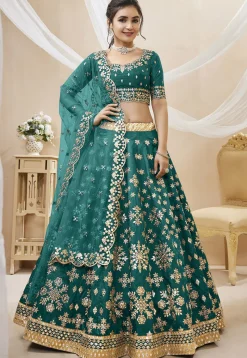 Embroidered Art Silk Lehenga in Teal Green