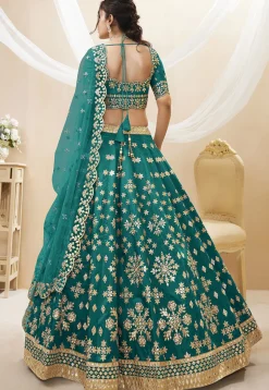 Embroidered Art Silk Lehenga in Teal Green