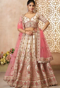 Embroidered Art Silk Lehenga in Off White
