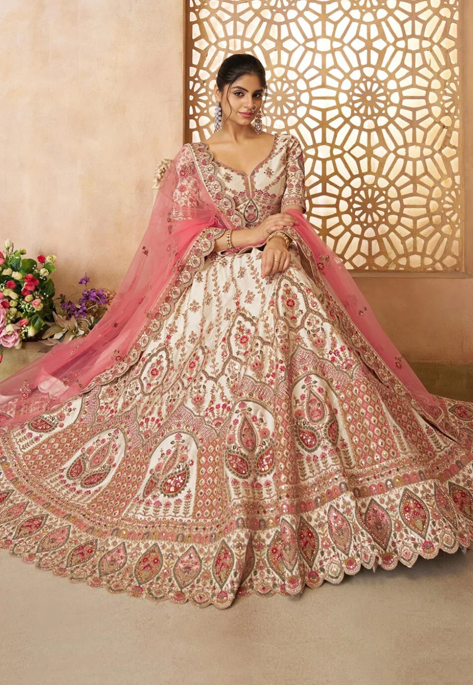 Embroidered Art Silk Lehenga in Off White