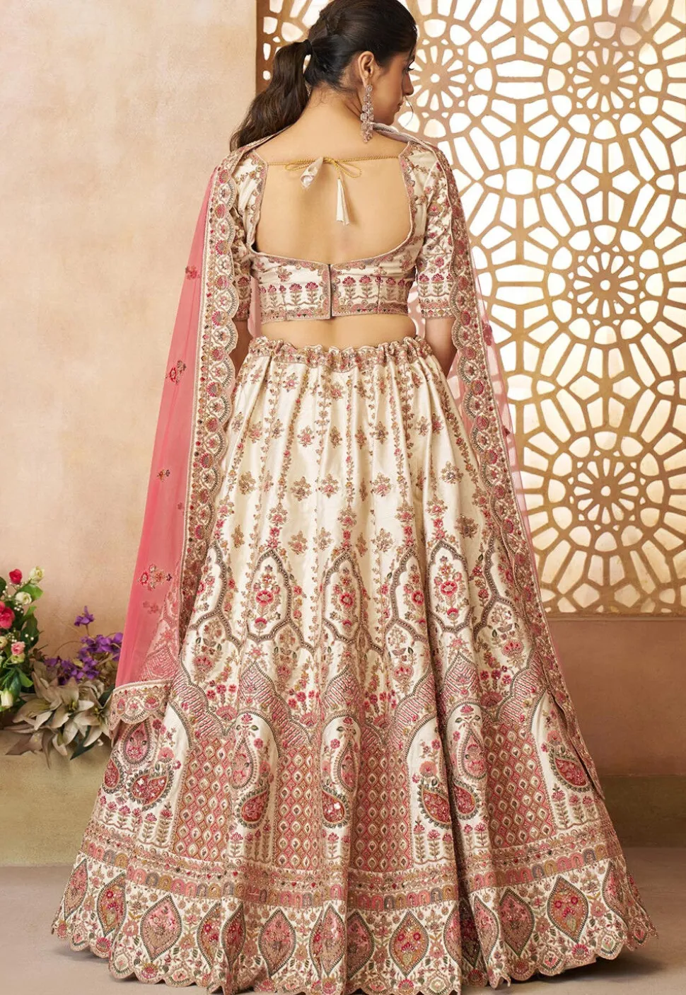 Embroidered Art Silk Lehenga in Off White