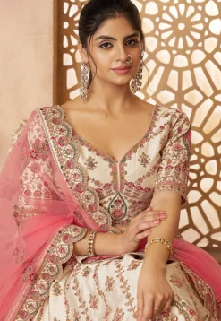Embroidered Art Silk Lehenga in Off White