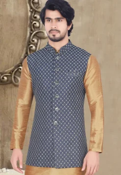 Embroidered Art Silk Long Nehru Jacket in Navy Blue