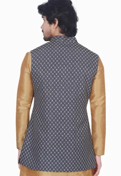 Embroidered Art Silk Long Nehru Jacket in Navy Blue