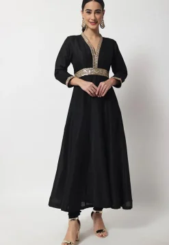 Embroidered Art Silk Long Kurta Set in Black