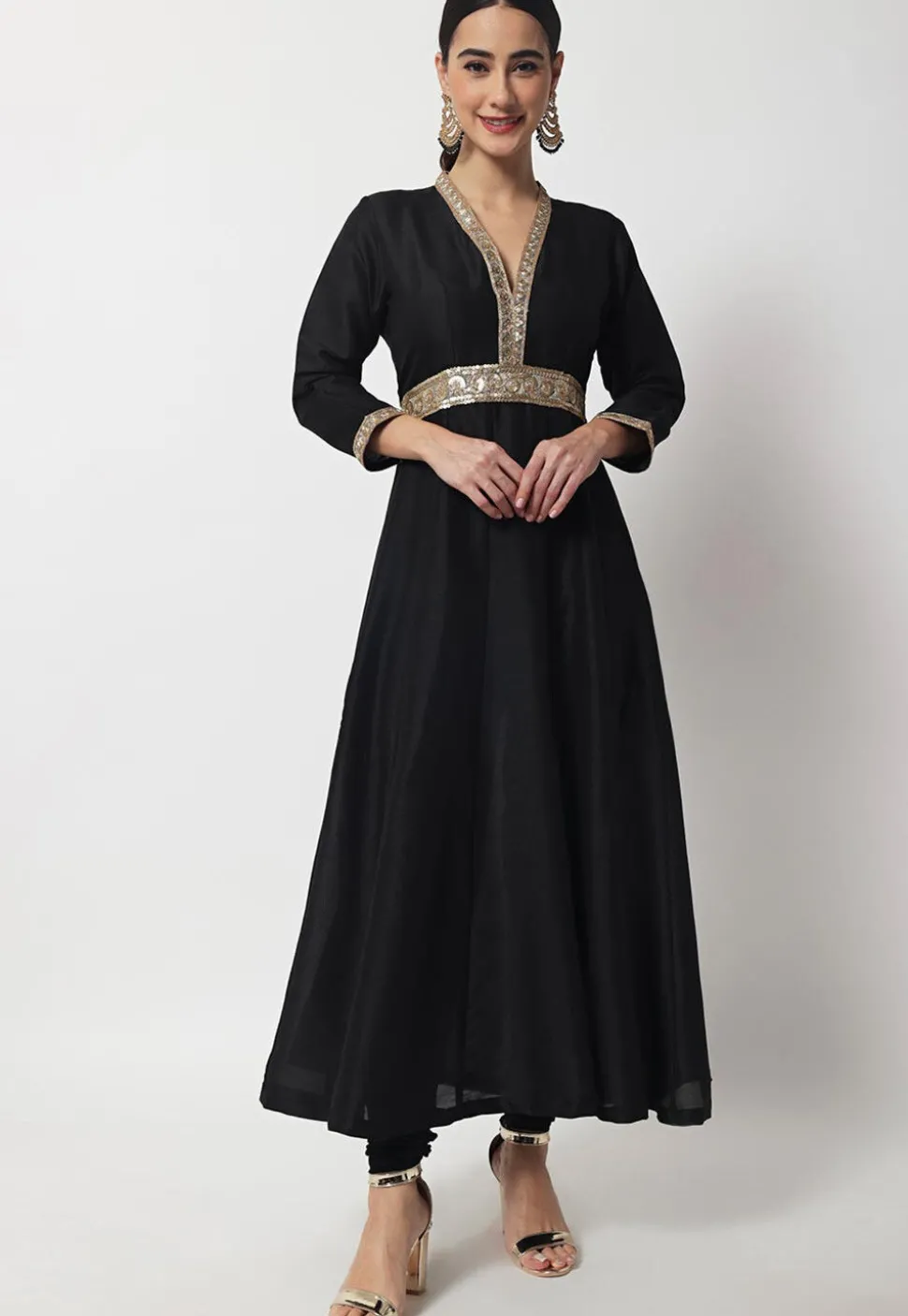 Embroidered Art Silk Long Kurta Set in Black