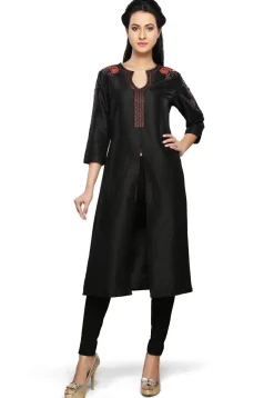 Embroidered Art Silk Long Kurta in Black