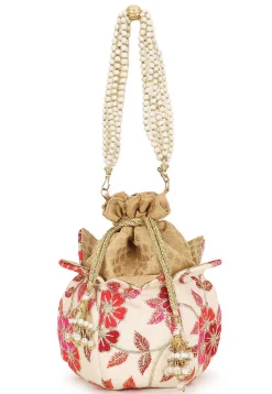 Embroidered Art Silk Lotus Potli Bag in Off White