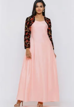 Embroidered Art Silk Maxi Dress in Peach