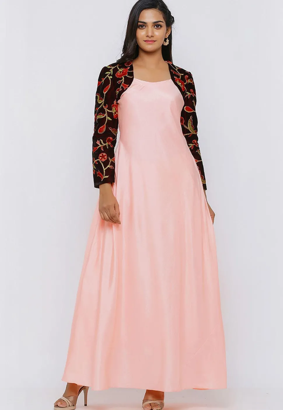 Embroidered Art Silk Maxi Dress in Peach