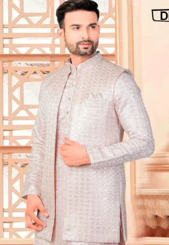 Embroidered Art Silk Nehru Jacket in Peach