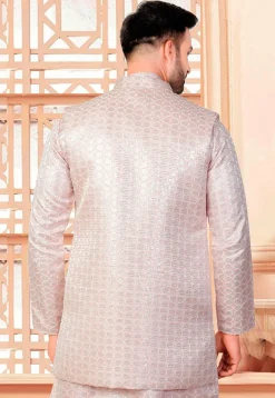 Embroidered Art Silk Nehru Jacket in Peach