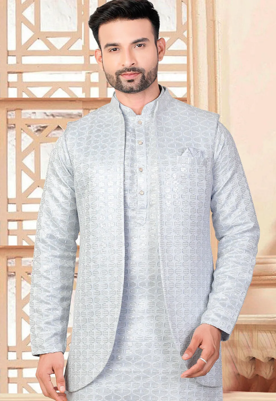 Embroidered Art Silk Nehru Jacket in Light Blue