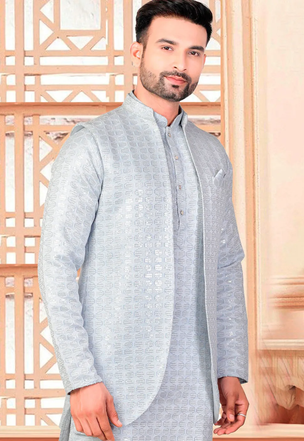 Embroidered Art Silk Nehru Jacket in Light Blue