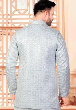 Embroidered Art Silk Nehru Jacket in Light Blue