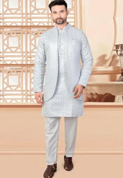 Embroidered Art Silk Nehru Jacket in Light Blue