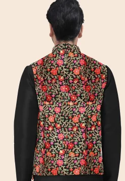 Embroidered Art Silk Nehru Jacket in Black