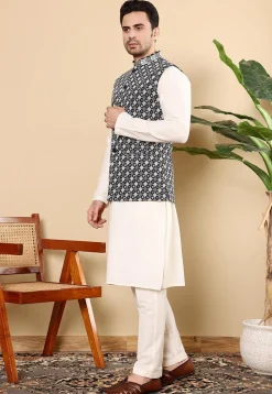 Embroidered Art Silk Nehru Jacket in Black
