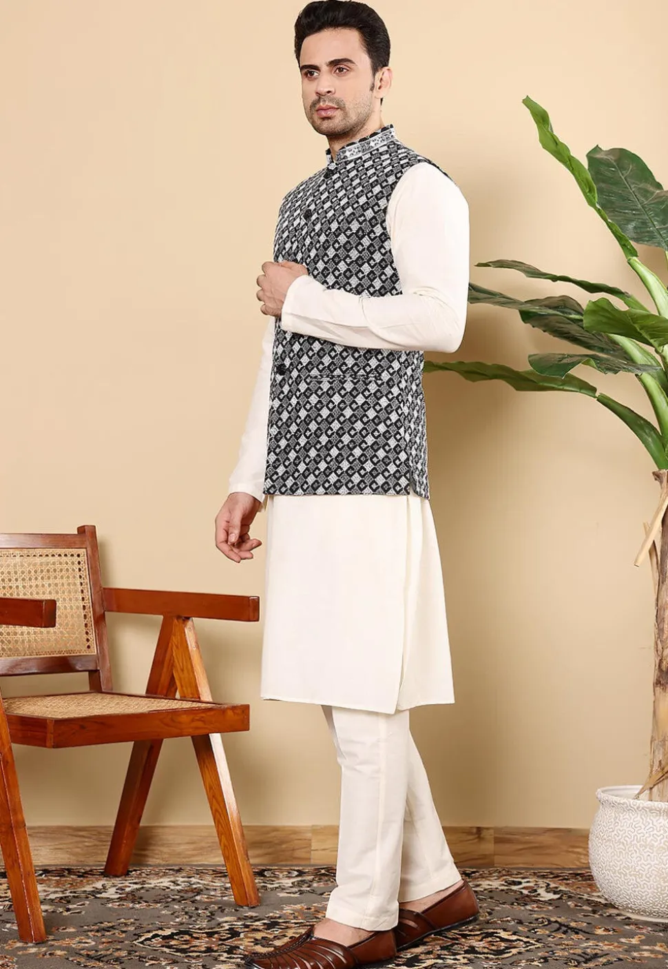 Embroidered Art Silk Nehru Jacket in Black