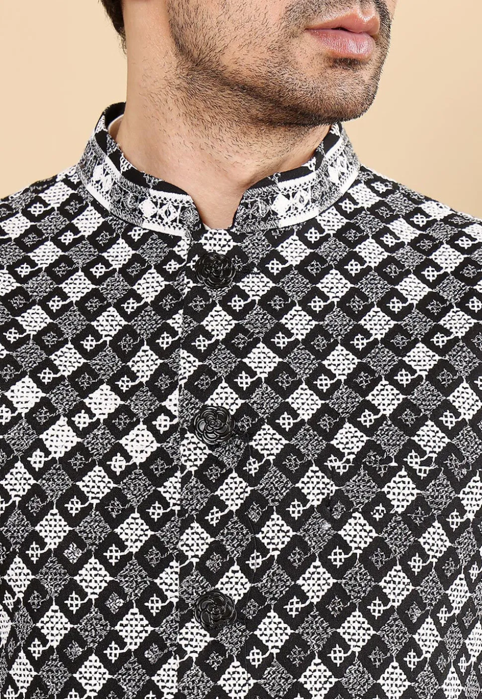 Embroidered Art Silk Nehru Jacket in Black