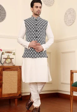 Embroidered Art Silk Nehru Jacket in Black