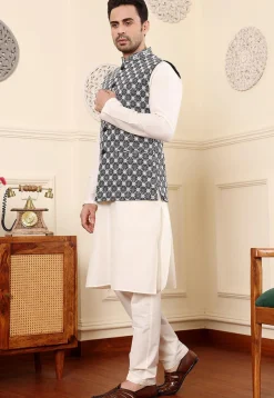 Embroidered Art Silk Nehru Jacket in Black