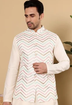 Embroidered Art Silk Nehru Jacket in Cream