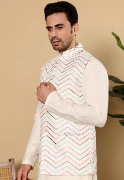 Embroidered Art Silk Nehru Jacket in Cream