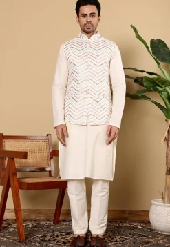 Embroidered Art Silk Nehru Jacket in Cream