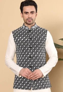 Embroidered Art Silk Nehru Jacket in Black
