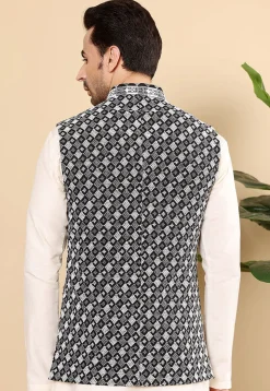 Embroidered Art Silk Nehru Jacket in Black