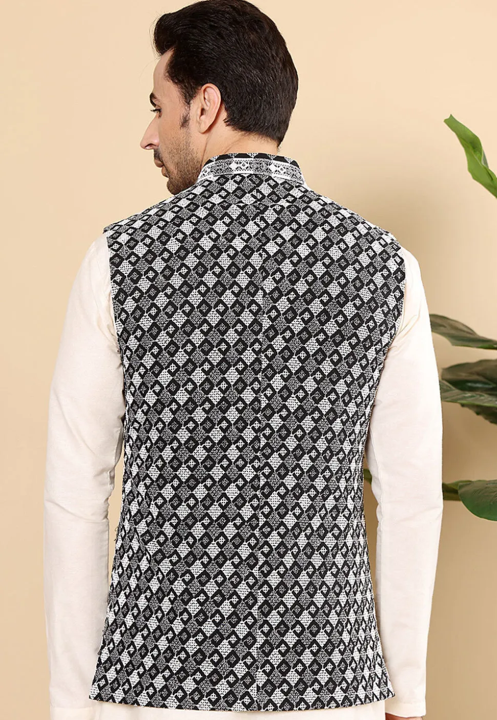 Embroidered Art Silk Nehru Jacket in Black