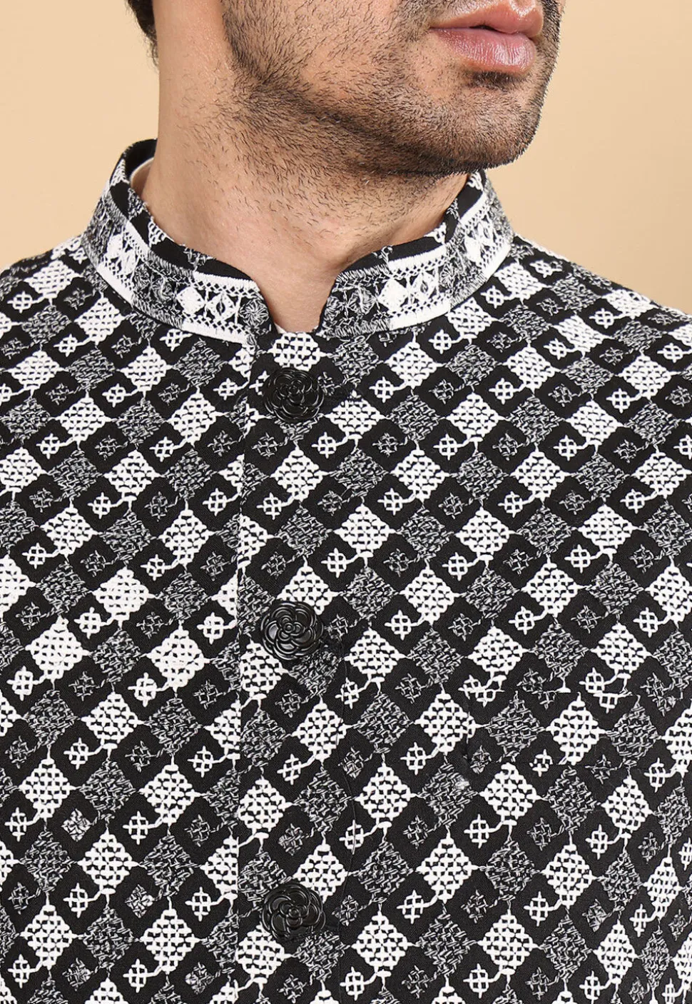 Embroidered Art Silk Nehru Jacket in Black